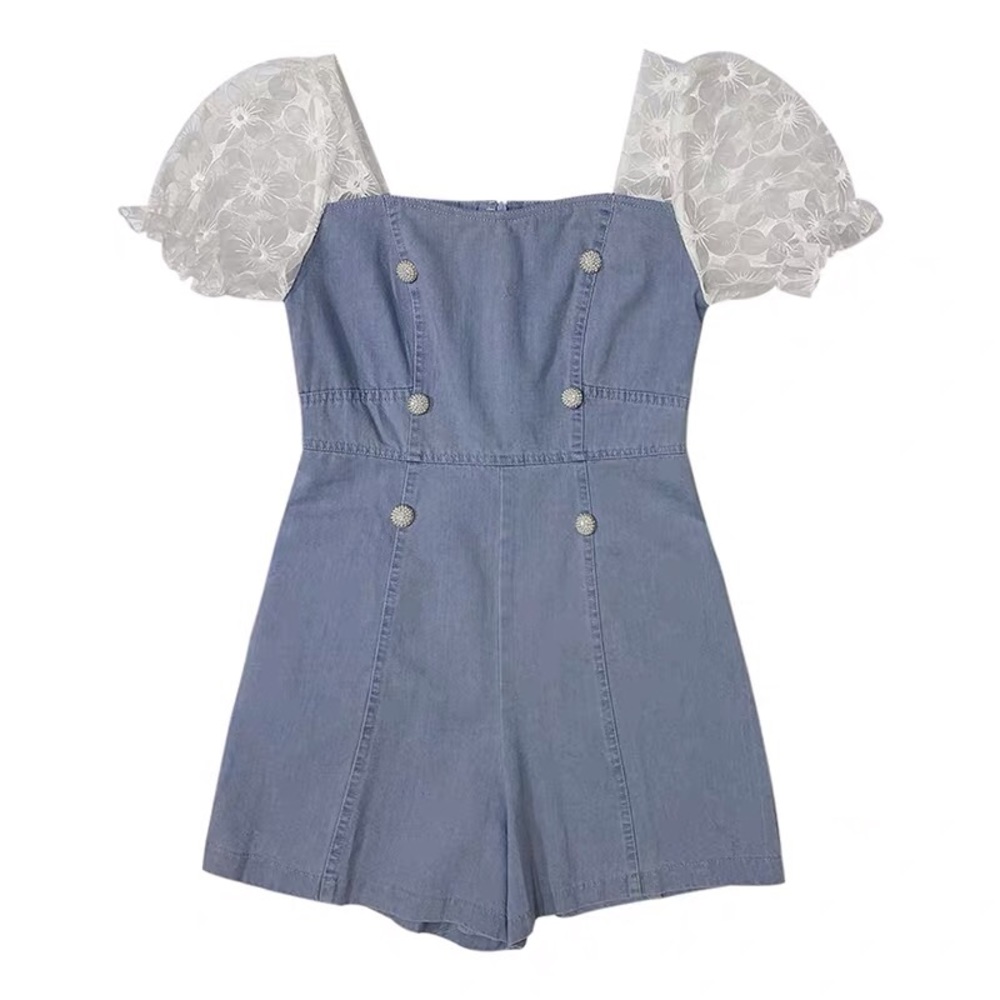 Denim Romper with Lace Sleeve Detail